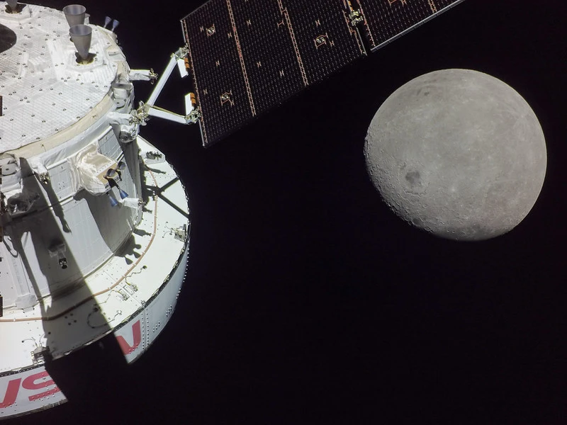 NASA Orion spacecraft traveling near the Moon during Artemis mission